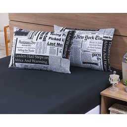 Jogo Lençol 4 Peças Cama Viúva 1,88mx1,28mx30cm 100% Algodão 180 Fios Jornal Preto - 2