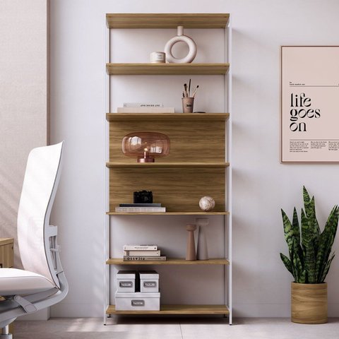 Estante 87cm x 211,5cm com 6 Prateleiras e Estrutura Metálica Industrial Executive Marrom/Nogal/Branco