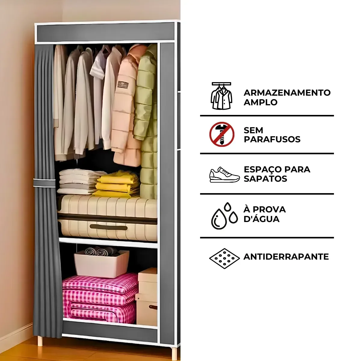 Guarda Roupa Dobrável Solteiro 1 Porta - Cinza - 7