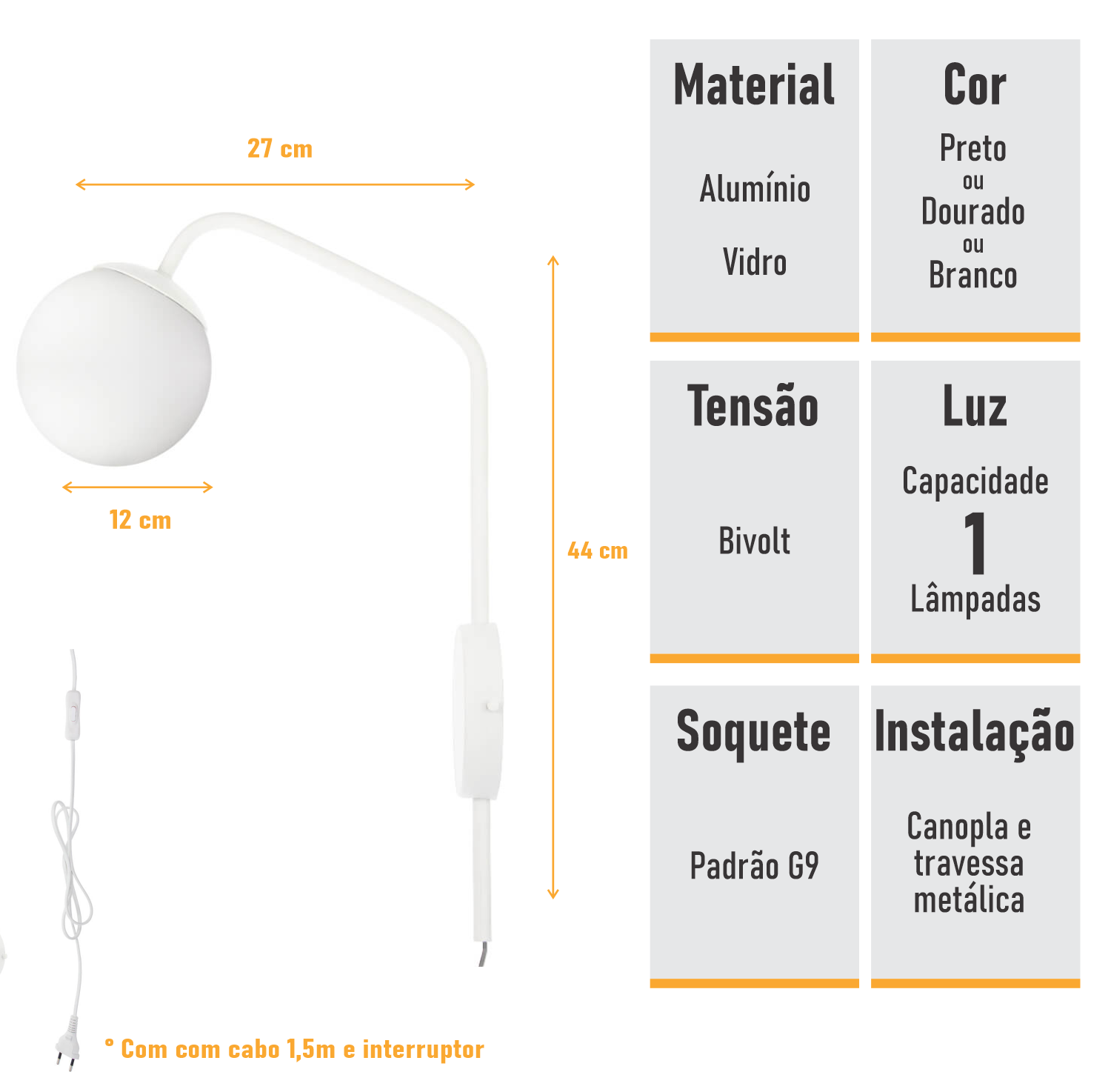 Arandela New Figo Branco C/plug e Interruptor - Vidro Branco - 9