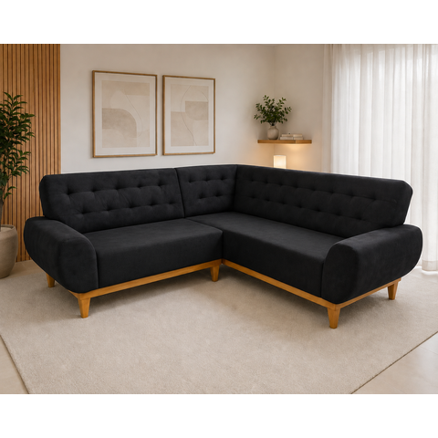 Sofá de Canto 5 Lugares Suede Preto Pés em Madeira Maciça Ágata 220cm
