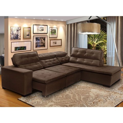 Sofá 5 Lugares Canto Retrátil e Reclinável Chaise e 2,80 X 2,20 M Sttilo Marrom512 - Megasul