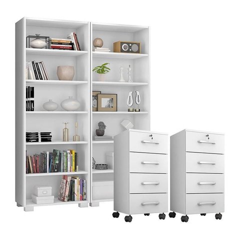 Kit 2 Gaveteiros para Escritório Gávea com Chave e 2 Livreiros Office Branco Fosco – Móveis Leão