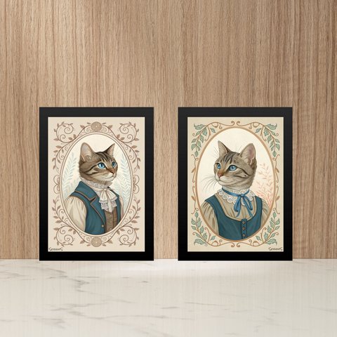 Kit 2 Quadros Gato e Gata - Clássicos Vintage 24x18cm - com Vidro:moldura Preta