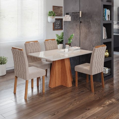 Sala de Jantar 4 Lugares Tampo de Vidro 130 cm Zenóbia Cadeiras Madeira Maciça Cinamomo/Bege - Panor