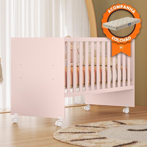 Berço Infantil com Colchão Doce Sonho 3540 com Rodizios Rosa Qmovi Probel
