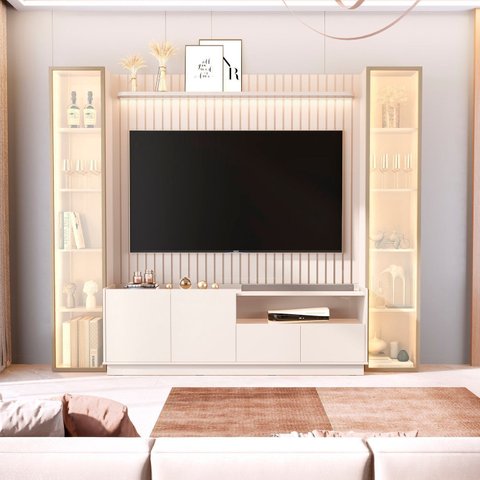 Estante para TV até 75 Polegadas Ripado LED Vidro Reflecta 2 Torres com Porta 100% MDF 219CMX259CM Vitoria Regia Yescasa Off White
