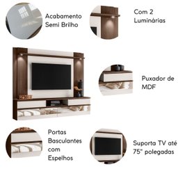 Painel Home Suspenso Tv 75 " Turin Espelho e Luminária Led:marrom Noce /off White Ártico - 4