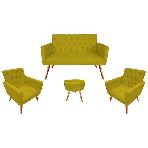 Kit Namoradeira + 2 Poltronas Decorativa Nina Capitonê + Puff Redondo Couro Amarelo Pés Madeira Mz D
