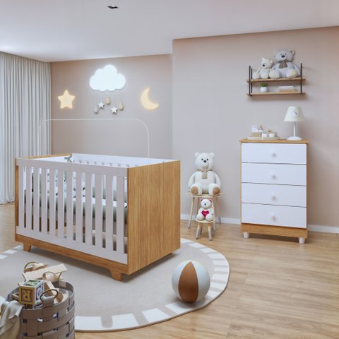 Quarto de Bebê Completo 100% MDF 1 Berço Mini Cama com Colchão Life 1 Cômoda Soft Life Branco