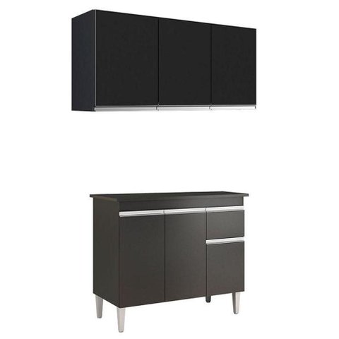 Balcão de Cozinha Tatiane com Tampo 100cm e Armário Aéreo Andréia 3 Portas Preto Fosco - Ajl