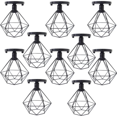 10 Lustres Teto Plafon Industrial Aramado Diamante Retrô Luminária Sobrepor Vintage Preto