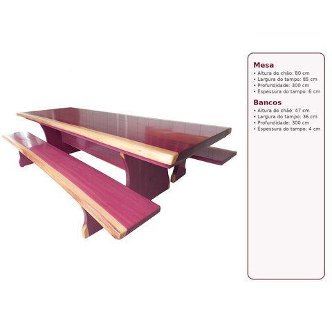 Mesa Madeira Maciça Roxão - Tampo(3,0mts X 0,85mts) 02 Bancos (3,0mts X 36cm) -pés Taça - 10 Lugares