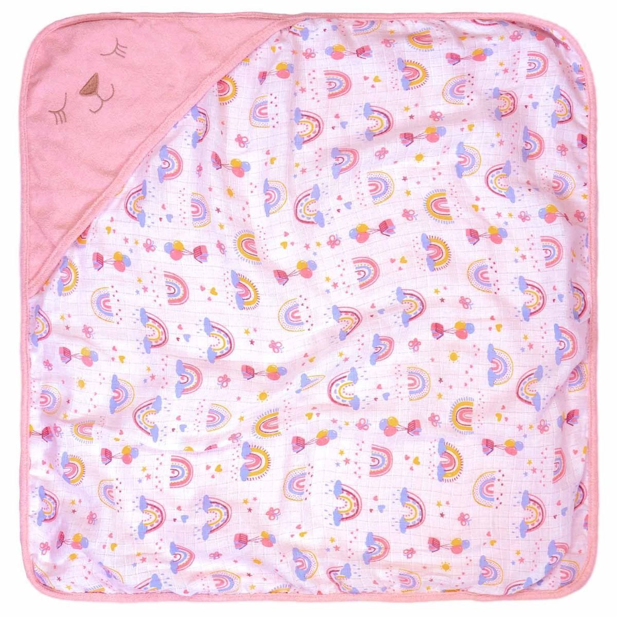 Toalha de Banho Bebe C/capuz Plush 68 Cm X 68 Cm Bord: Ursa Rosa