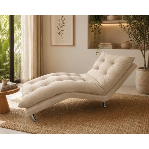 Espreguiçadeira Estofada Sala Leitura Descanso Diva Suede:Bege/Suede