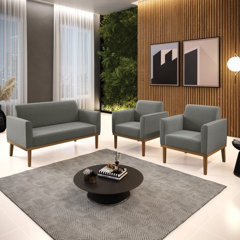 Conjunto 2 Poltronas e 1 Namoradeira Decorativa Isabella Pés Fixo em Madeira Castanho Suede Grafite 