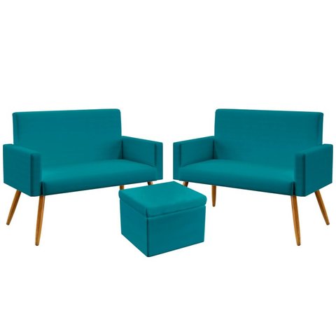 Kit 2 Poltronas Namoradeira Para Sala de Estar Vega e Puff Quasar Sued Azul Turquesa Aradecor