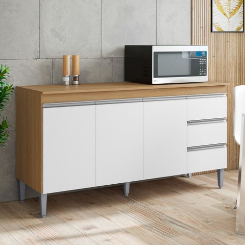 Balcão Gabinete Cozinha Andréia 150cm 3 Portas com Tampo Mdp Amêndoa Branco - Desk Design
