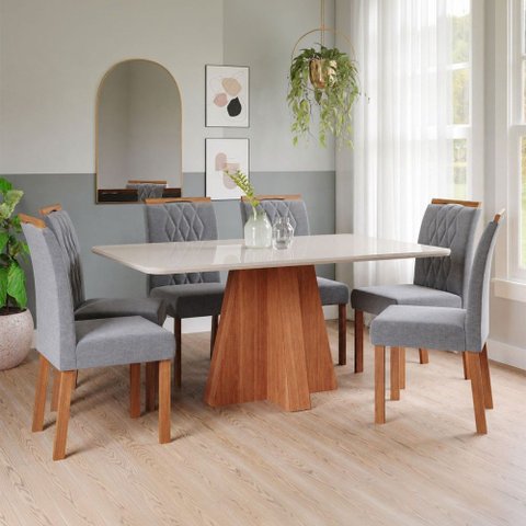 Sala de Jantar 6 Lugares Tampo de Vidro 160 cm Artemísia Cadeiras Madeira Maciça Cinamomo/Linho Graf