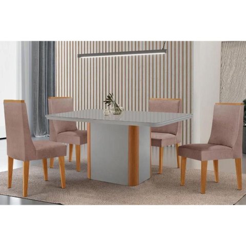 Sala Jantar Mesa Pietá Tampo C/ Vidro Curvo 120cm+4 Cadeiras Dakota Madeira Naturale/off White -