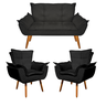 Jogo Sofá Namoradeira + 02 Poltronas Soft Opala Tecido Suede:Suede Preto - 1