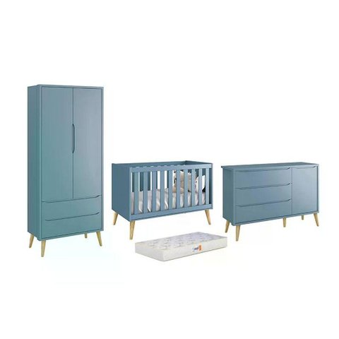 Dormitório Theo 2 Portas, Cômoda com Porta Azul com Pés Madeira Natural e Colchão D18 Reller Mó