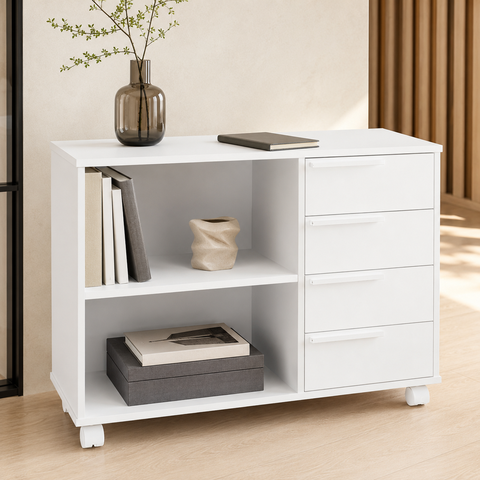 Balcão Gaveteiro Multiuso 4 Gavetas 2 Nichos para Home Office Branco - BRV Móveis