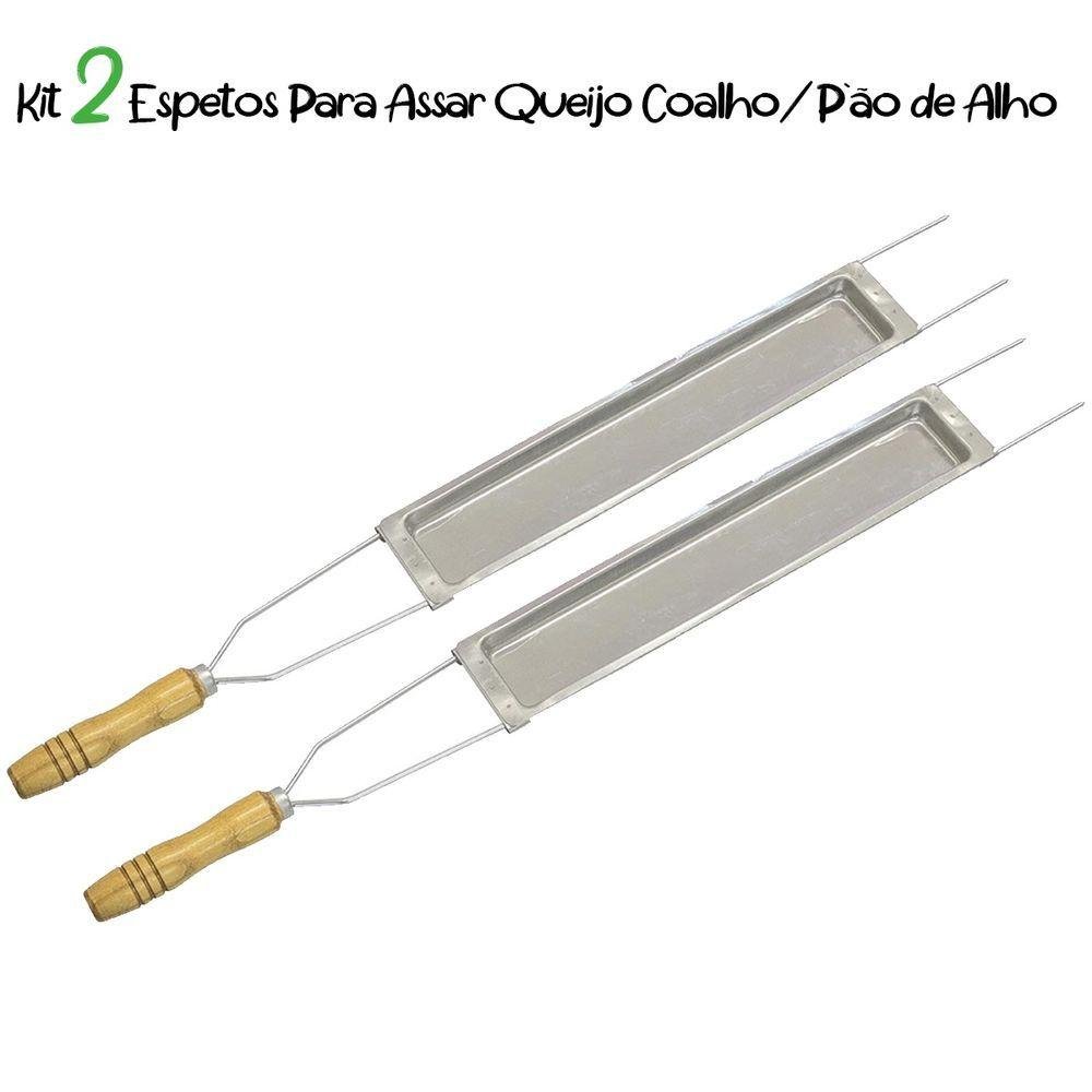 Kit 2 Espetos Assar Queijo e Pão Alho Churrasco C/ Bandeja - 6