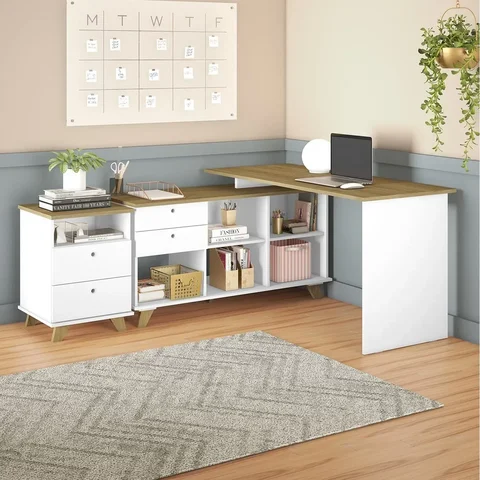 Escrivaninha em L Retrô Mesa Escritório Gold com Gaveteiro 1 Gaveta Branco Artany
