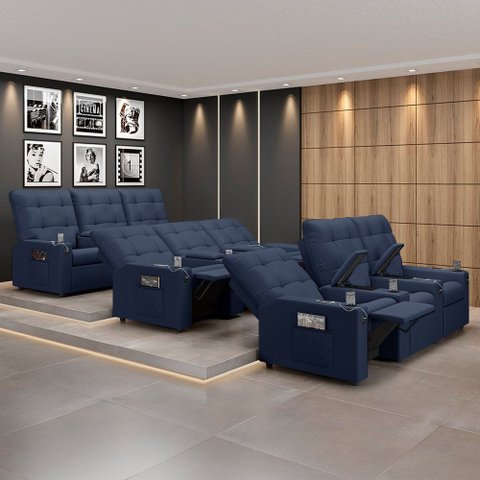 Poltrona do Papai Reclinável Sala de Cinema Movie 3 Lugares Manual Baú Usb Pu Azul Gran Belo Movie P