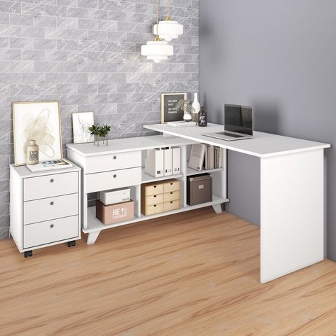 Kit Home Office Completo Escrivaninha Mesa Escritório em L Gold com Gaveteiro 3 Gavetas Branco Artan