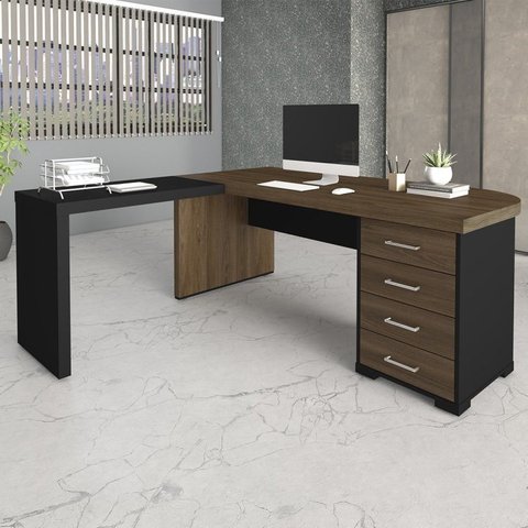 Escrivaninha Mesa Escritório em L Diretor Tamburato com 4 Gavetas 180cm