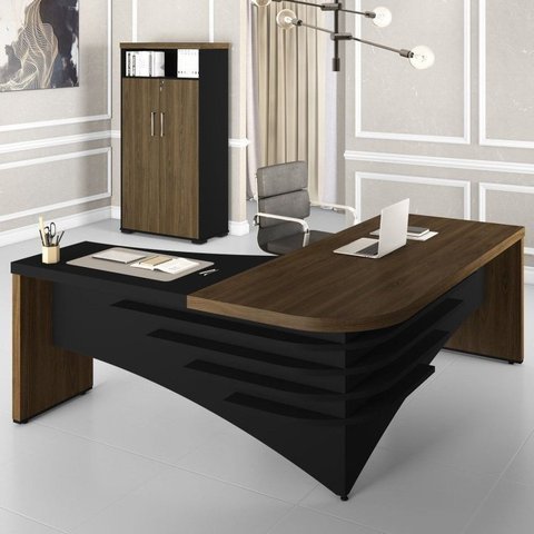 Conjunto 2 Peças 1 Mesa em L 1 Armário Alto com Nicho Tamburato Marrom/Charuto/Preto Artany