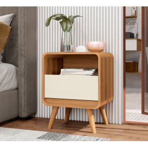 Mesa de Cabeceira Retrô Compacta 1 Gaveta 1 Nicho Channel - Potenza Móveis - Nature com Off White