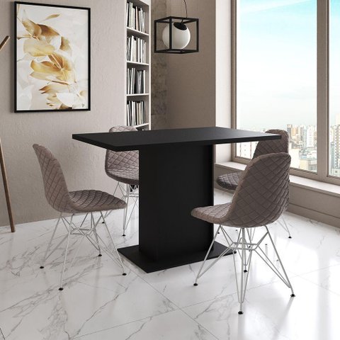 Mesa Jantar Londres Tampo Preto 120cm 4 Cadeiras Ferro Branco Estofado Nude Médio