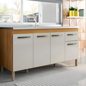 Gabinete P/ Pia 150cm Balcão Multiuso Cozinha Armário Freijó/ Off-white