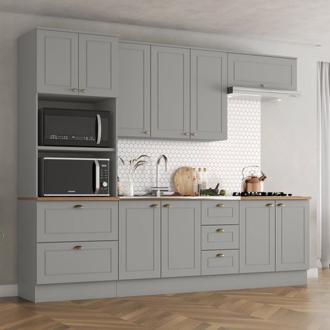 Cozinha Compacta 5 Peças 100% MDF com Torre Quente 2 Fornos e Tampo para Cooktop Americana Cinza/Nature