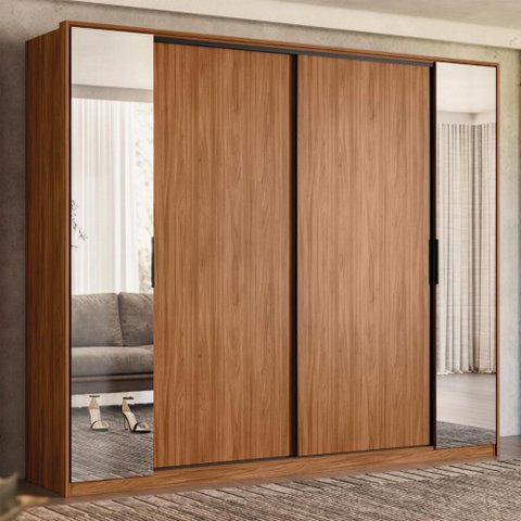 Guarda Roupa Casal 4 Portas com Espelho e 4 Gavetas Estônia - Nogueira/nude Prime Tx