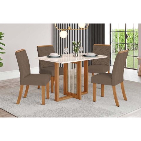 Conjunto: Mesa Sala Jantar Natalí C/ Tampo Madeirado C/ Vidro Reto 120x80cm e 4 Cadeiras Vita