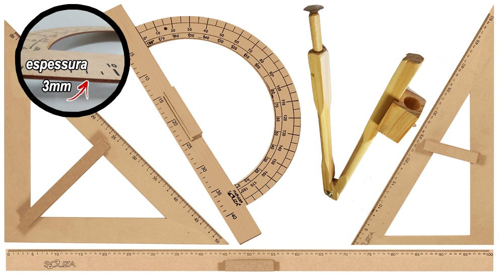 Kit Geométrico do Professor Mdf Com Régua 1 Metro, 1 Compasso Para Quadro Branco 40 cm, 1 Esquadro 3