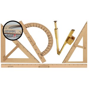 Kit Geométrico do Professor Mdf Com Régua 1 Metro, 1 Compasso Para Quadro Branco 40 cm, 1 Esquadro 3