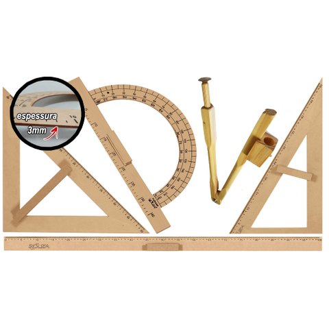 Kit Geométrico do Professor Mdf Com Régua 1 Metro, 1 Compasso Para Quadro Branco 40 cm, 1 Esquadro 3