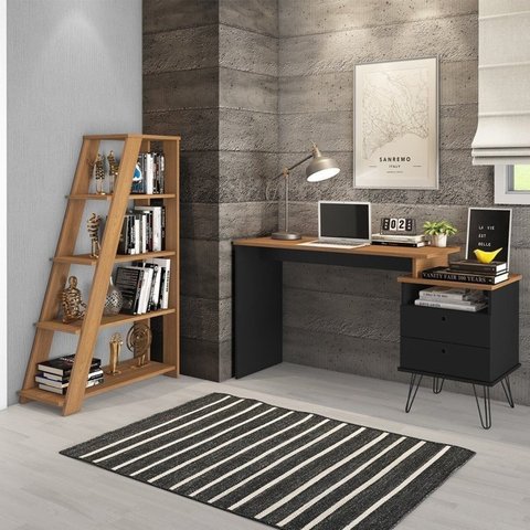 Conjunto 2 Peças Escrivaninha com Estante Escada Estilo Industrial Amadeirado freijó com preto