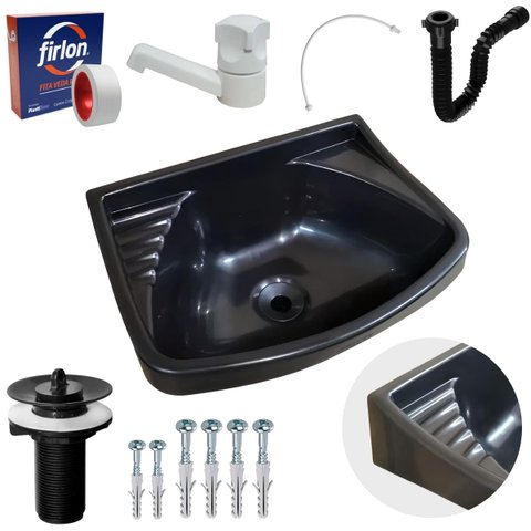 Pia Lavatório Plástico 4,8L Preta + Sifão Sanfonado Universal 61cm Preto + Torneira Branca + Engate 