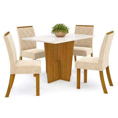 Mesa de Jantar Danielly 120 Cm Tampo Reto com Vidro Nature Off White e 4 Cadeiras Vita Linho – Henn