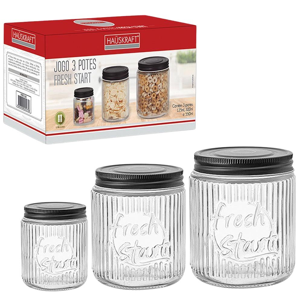 Conjunto De Pote De Vidro Tampa Hermética Metal Preto 3Pçs - 1