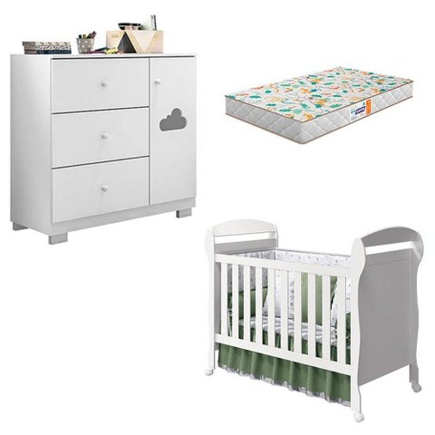 Berço Americano Danny e Cômoda Infantil Ane Branco Brilho com Colchão Gazin - Phoenix Baby