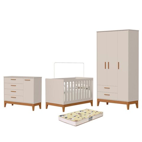 Dormitório Infantil Flip Guarda Roupa 3 Portas, Cômoda 1 Porta e Berço Areia Fosco com Colchão