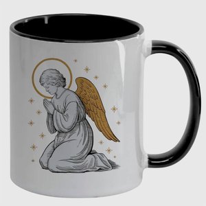Caneca Branca com Interna Preta Y5 Anjo Oração Asas Douradas