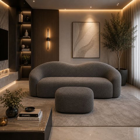 Kit Sofá + Puf Star 190 cm Orgânico 2 Lugares Sala Recepção:Cinza Escuro